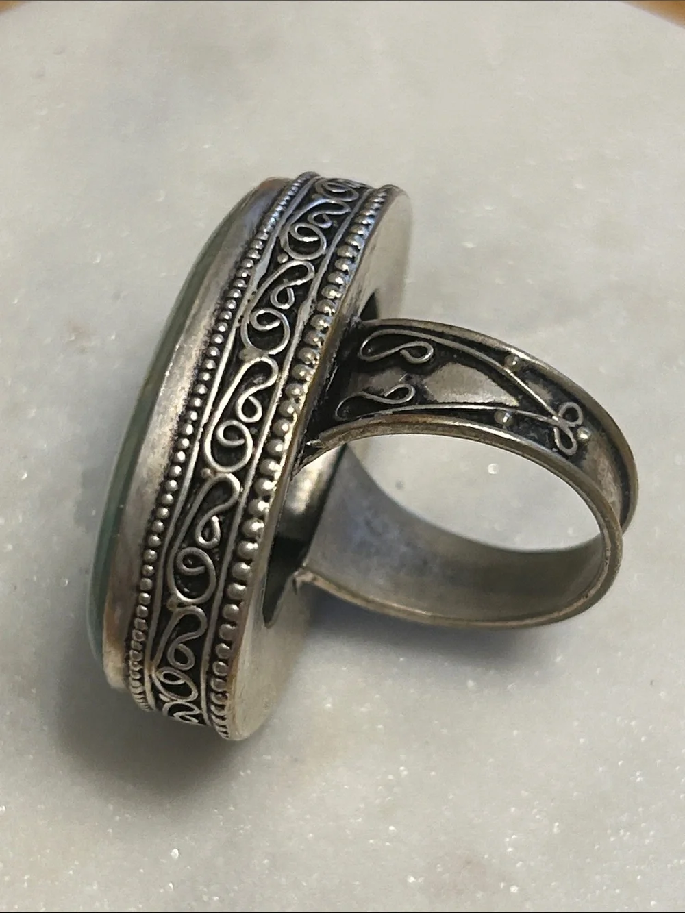 Silver Oval Statement Ring - Blue-Green Stone